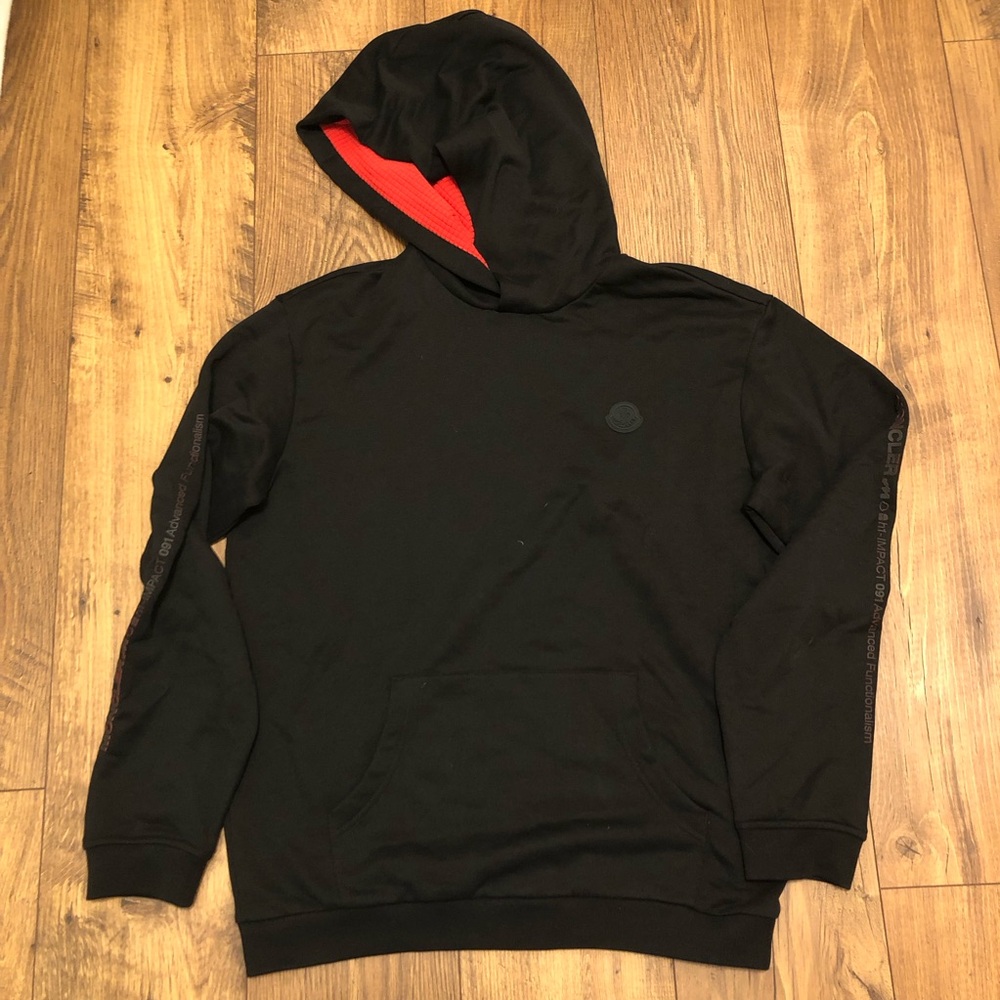 Moncler Black Hoodie with Red Hood Lining